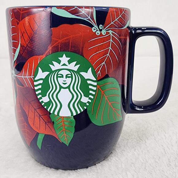 Starbucks Mug 2020 Poinsettia Christmas Siren Logo 12 oz. Ceramic Mug Navy Blue - Picture 1 of 7